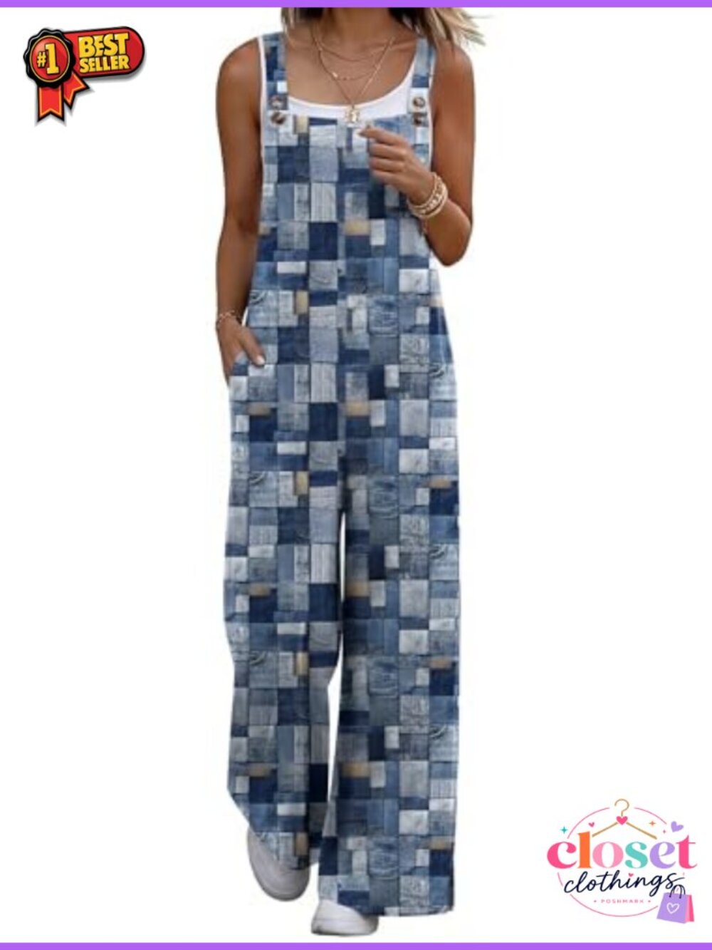 Ekouaer Overalls Women Loose Fit Jumpsuit 100% Polyester Boho Wide Leg